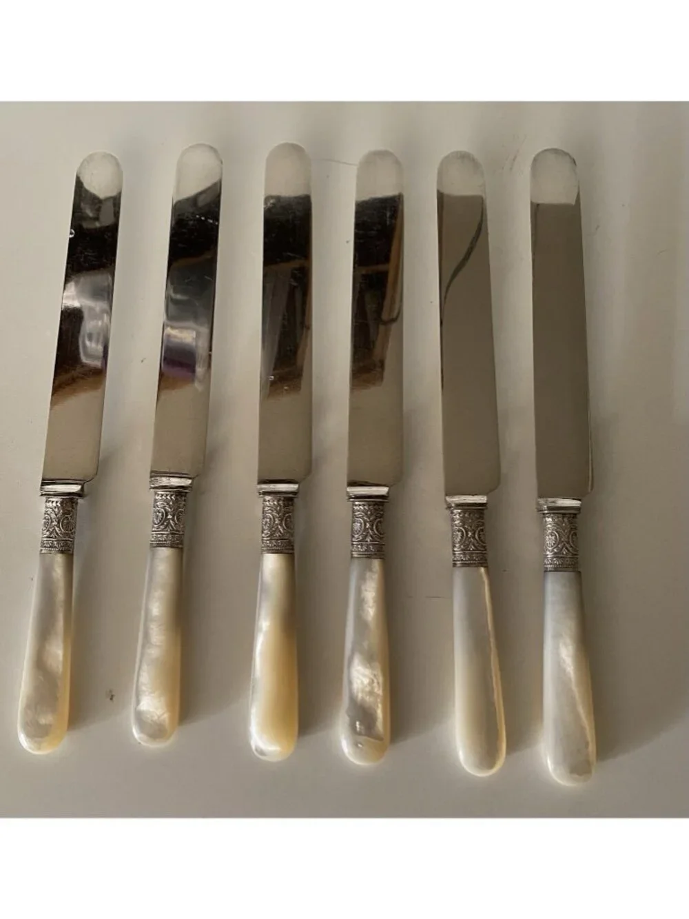 Set of 6 Antique J Russell & Co Mother of Pearl Handle Luncheon Knives 1834